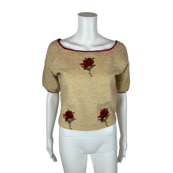 Vintage 50s Wool Sweater Women's Medium Embroidered Red Rose Top Alex Colman - Picture 1 of 10